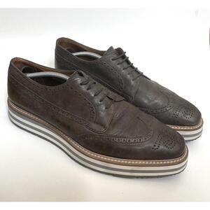 Prada Platform Lace Up Derby Brogue Shoes Aviator Grafite Leather